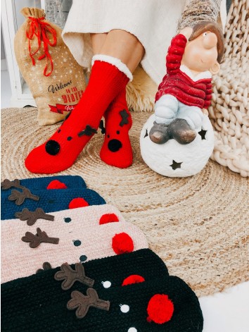 Modré zateplené vianočné ponožky so sobom