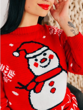 Vianočný dámsky sveter so snehuliakom červený
