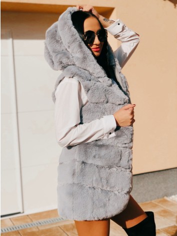 Dámska sivá kožušinová vesta s kapucňou