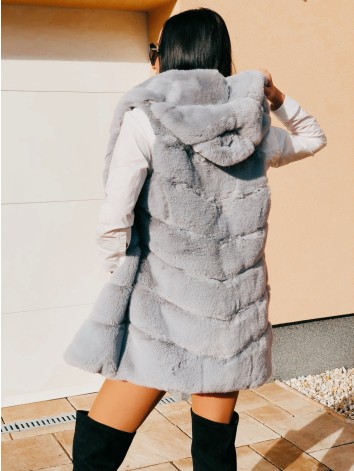 Dámska sivá kožušinová vesta s kapucňou