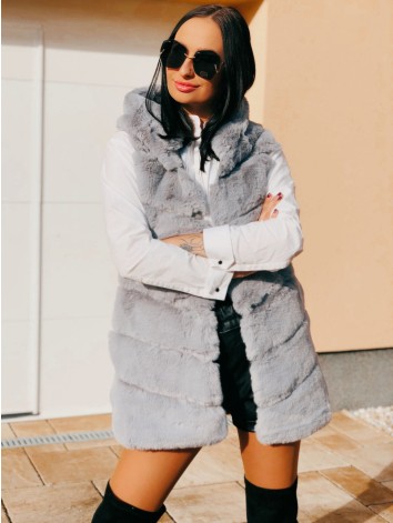 Dámska sivá kožušinová vesta s kapucňou