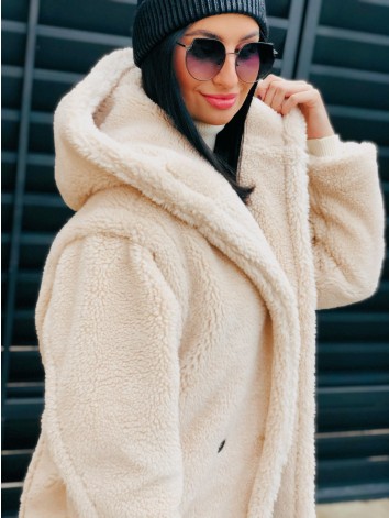 Béžový Teddy kabát s kapucňou