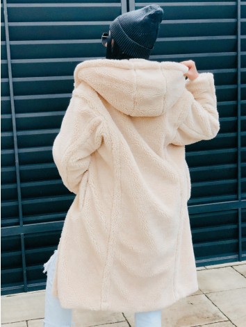 Béžový Teddy kabát s kapucňou