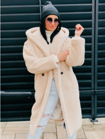 Béžový Teddy kabát s kapucňou