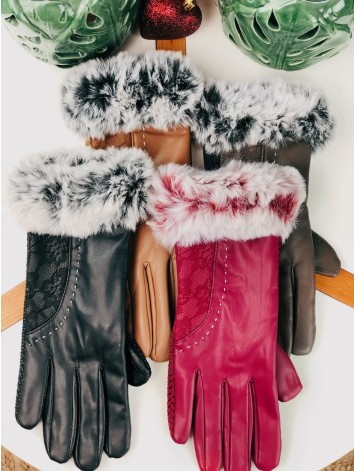 Bordové kožené rukavice s kožušinkou Aroa