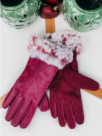 Bordové kožené rukavice s kožušinkou Aroa
