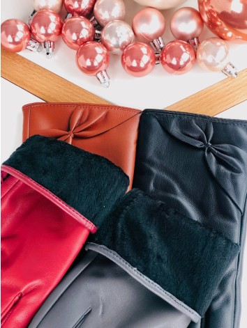 Hnedé kožené rukavice s mašľou