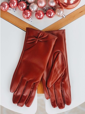 Hnedé kožené rukavice s mašľou