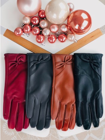 Hnedé kožené rukavice s mašľou