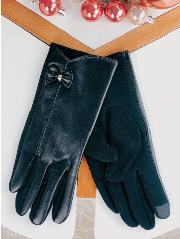Dámske čierne kožené rukavice s mašľou
