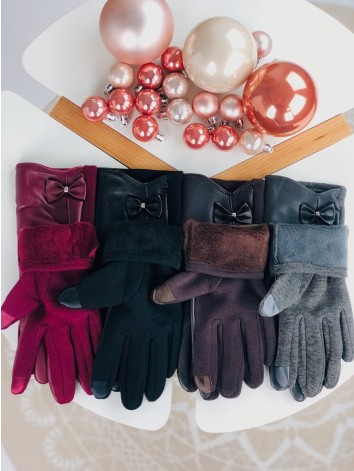 Dámske čierne kožené rukavice s mašľou