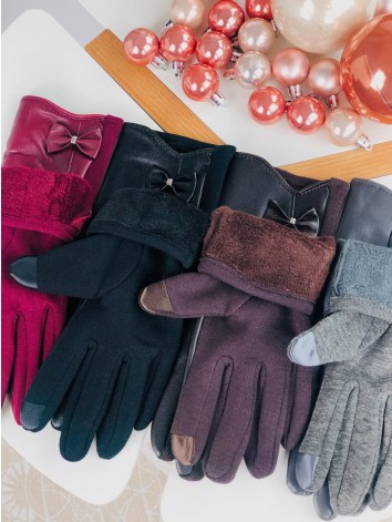 Dámske čierne kožené rukavice s mašľou