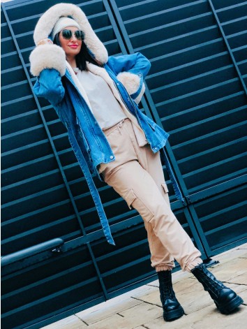 Dámska zateplená riflová bunda s kapucňou modrá Beige