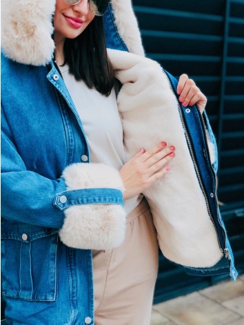 Dámska zateplená riflová bunda s kapucňou modrá Beige