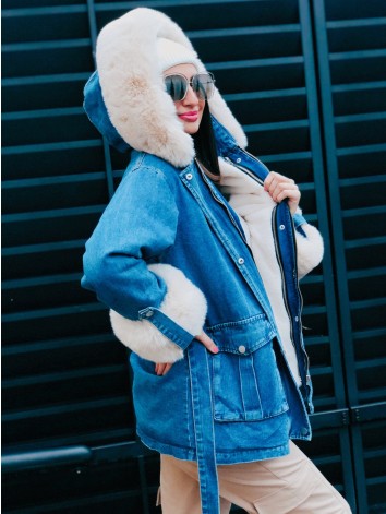 Dámska zateplená riflová bunda s kapucňou modrá Beige