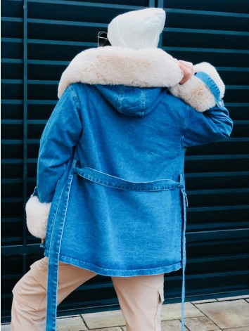 Dámska zateplená riflová bunda s kapucňou modrá Beige