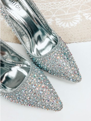 Dámske trblietavé strieborné lodičky