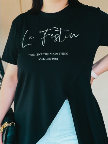 Čierne predĺžené tričko s rozparkami