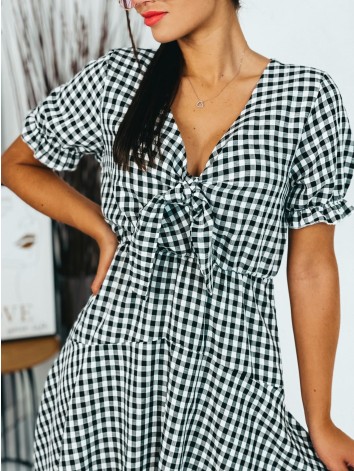 Čierne kockované šaty s mašľou