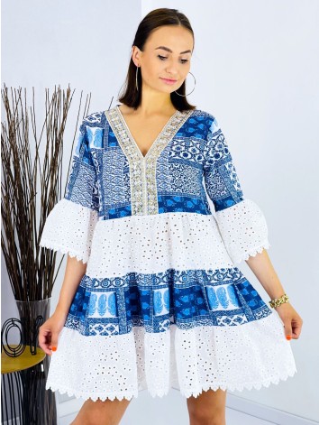 Krátke modro-biele šaty s madeirou Santorini