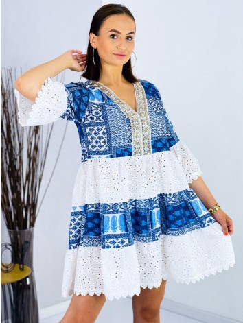 Krátke modro-biele šaty s madeirou Santorini