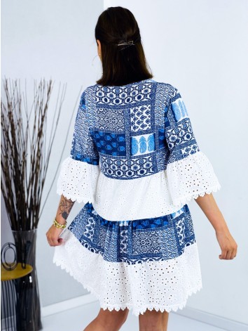 Krátke modro-biele šaty s madeirou Santorini