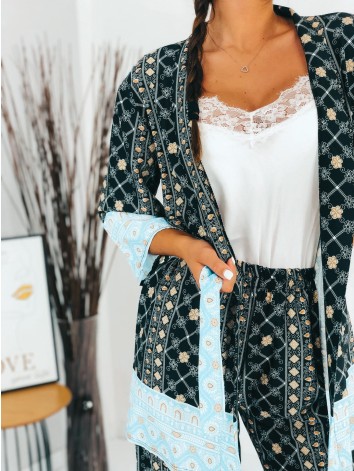 Dámsky čierny komplet kimono + nohavice