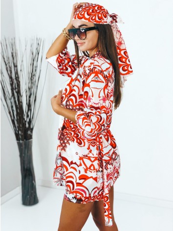 Dámsky saténový kraťasový komplet so šatkou červený