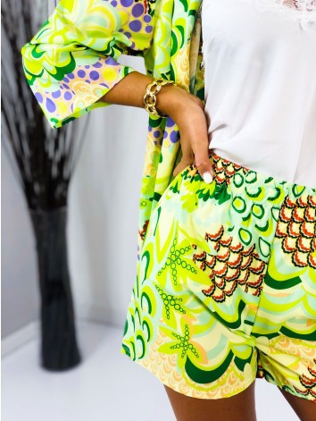 Dámsky saténový kraťasový komplet so šatkou zelený