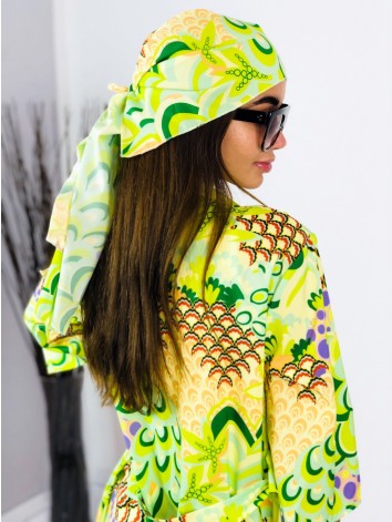 Dámsky saténový kraťasový komplet so šatkou zelený