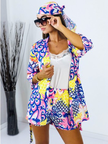 Dámsky saténový kraťasový komplet so šatkou modrý