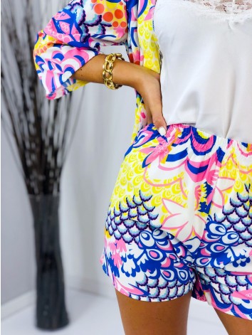 Dámsky saténový kraťasový komplet so šatkou modrý