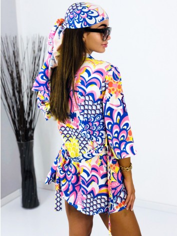 Dámsky saténový kraťasový komplet so šatkou modrý