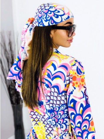 Dámsky saténový kraťasový komplet so šatkou modrý