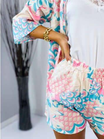 Dámsky saténový kraťasový komplet so šatkou tyrkysový