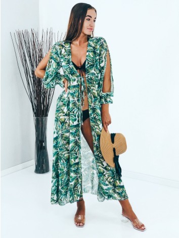 Dámske dlhé zelené kimono s viazním v páse