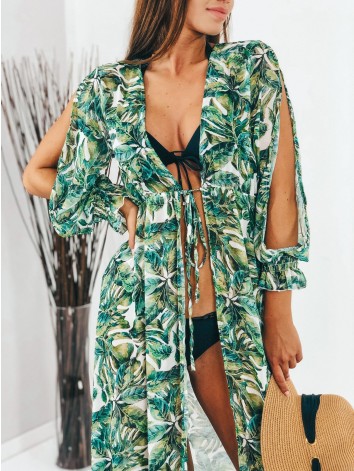 Dámske dlhé zelené kimono s viazním v páse