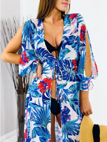 Dámske dlhé modré kvetované kimono s viazním v páse