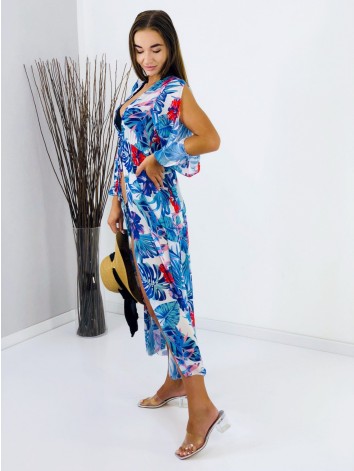 Dámske dlhé modré kvetované kimono s viazním v páse