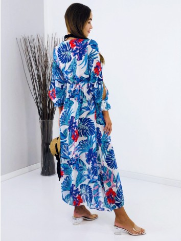 Dámske dlhé modré kvetované kimono s viazním v páse