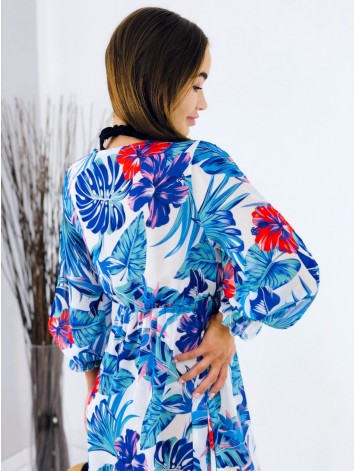 Dámske dlhé modré kvetované kimono s viazním v páse