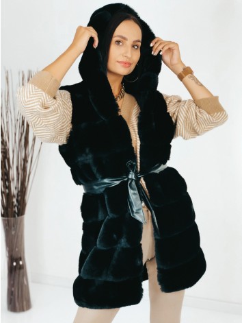 Dámska dlhá čierna kožušinová vesta s kapucňou a opaskom