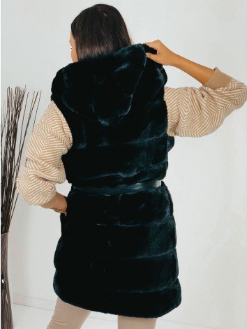 Dámska dlhá čierna kožušinová vesta s kapucňou a opaskom