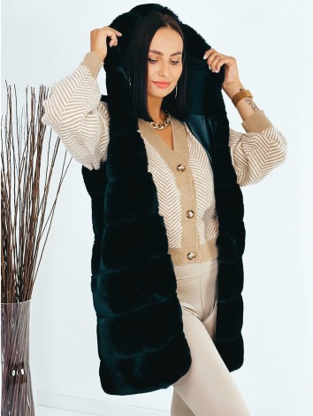 Dámska dlhá čierna kožušinová vesta s kapucňou a opaskom