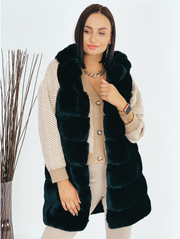 Dámska dlhá čierna kožušinová vesta s kapucňou a opaskom