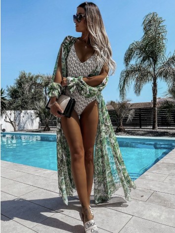 Dámske dlhé zelené kimono s viazním v páse