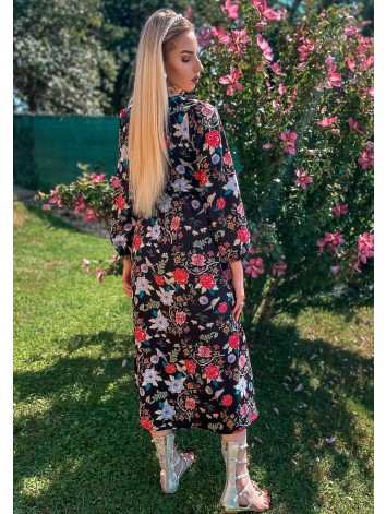 Dlhé čierne kvetované šaty s dlhým rukávom