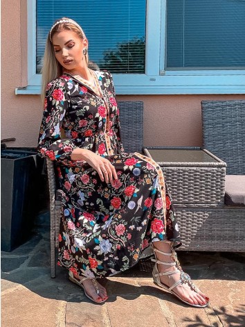 Dlhé čierne kvetované šaty s dlhým rukávom