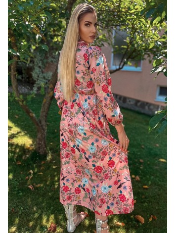 Dlhé ružové kvetované šaty s dlhým rukávom