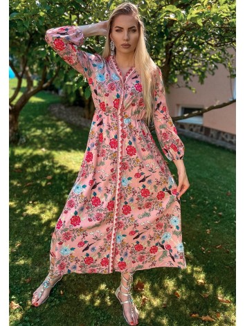 Dlhé ružové kvetované šaty s dlhým rukávom